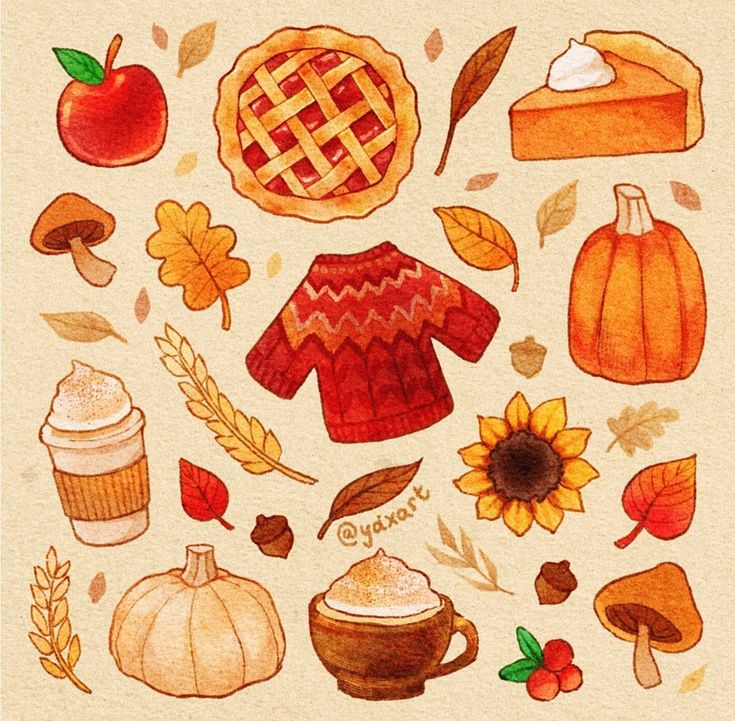 an image of autumn items drawn in colored pencils