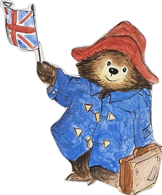 a drawing of a teddy bear in a blue coat and red hat holding a british flag