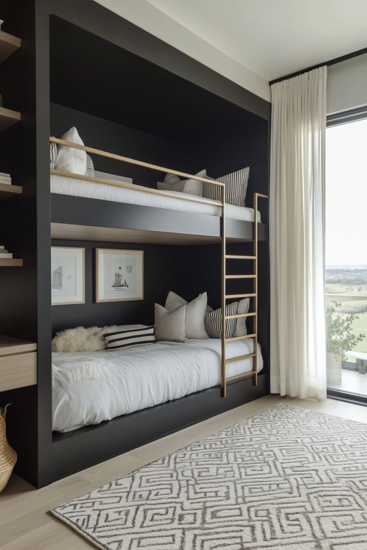 a bedroom with two bunk beds and a rug on the floor in front of it