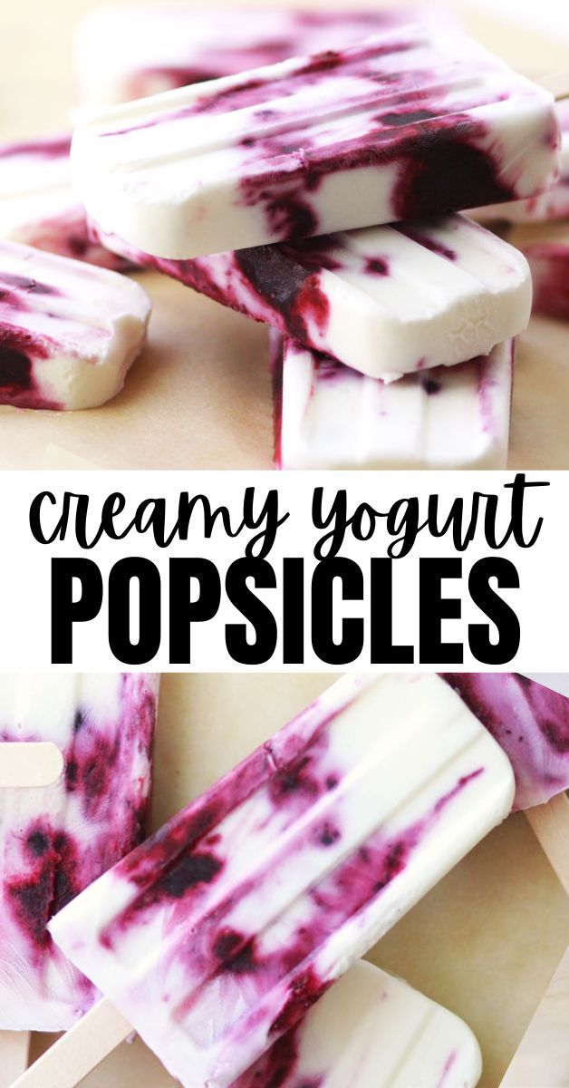 popsicles with blueberries and white chocolate on top are shown in the foreground text reads, creamy yogurt popsicles