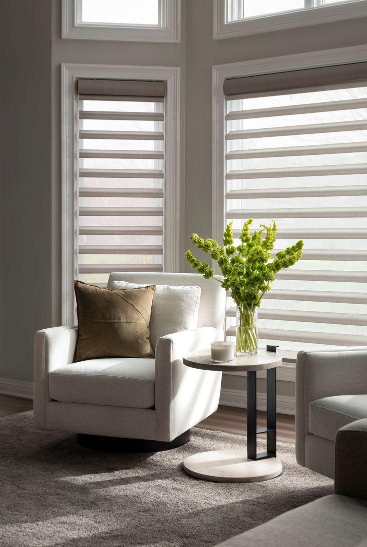 a living room filled with furniture and windows covered in blinds