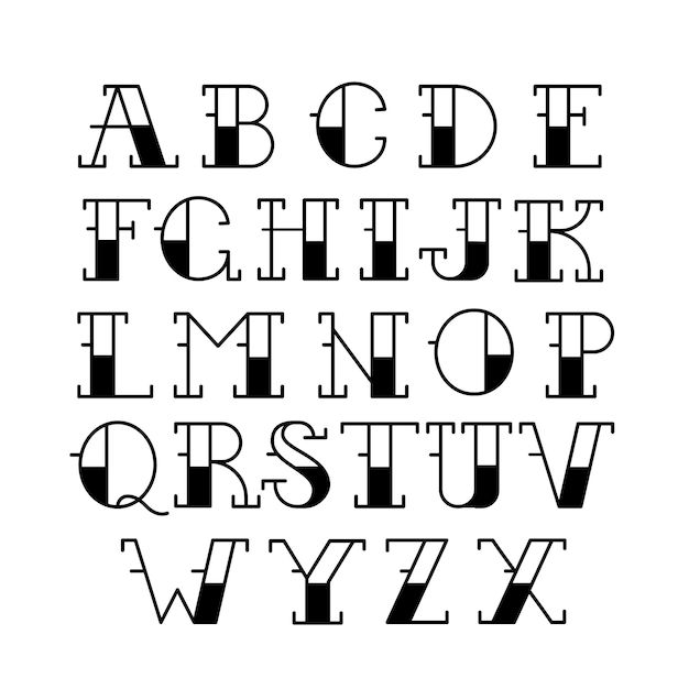 the letters are black and white in different font styles, including one for each letter