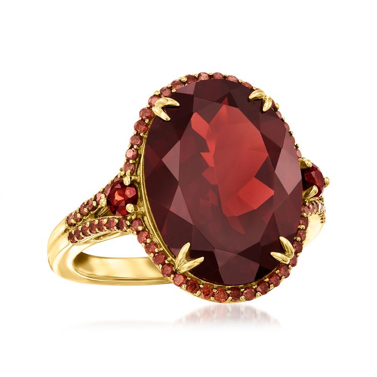 Ross-Simons - 11.20ct t. w. Garnet, .36ct t. w. Red Diamond Ring Oval Cut in 14kt Yellow Gold. Size 8. Brimming with fiery color and sparkle, our rich red ring features an 11.00 carat oval garnet sided by more petite garnet rounds totaling .20 carats, and a fabulous .36 ct. t. w. round brilliant-cut red diamond halo. Set in polished 14kt yellow gold. 3/4" wide. Red diamond and garnet ring. Our red diamonds are natural diamonds that have been treated which causes the color change and then heated Red Diamond Ring, Red Diamonds, Garnet And Diamond Ring, Garnet Birthstone, Red Ring, Green Emerald Ring, Jewelry Words, Black Diamond Ring, Natural Gold