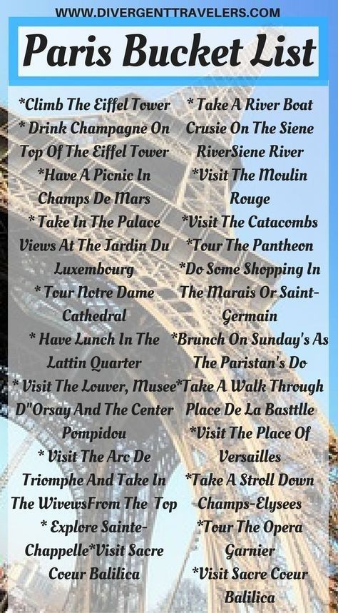 the paris bucket list is shown in blue and white with text overlaying it