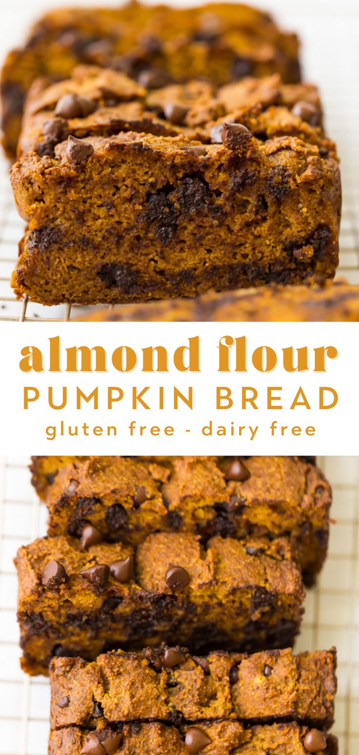 chocolate chip pumpkin bread on a cooling rack with the text almond flour pumpkin bread gluten free dairy free