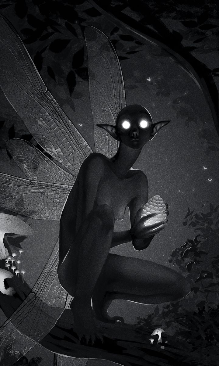 a black and white image of a woman with glowing eyes sitting on a tree branch