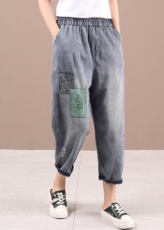 French Blue Patchwork ripped shorts Harem Pants - SooLinen Stylish Spring Outfit, Chic Fall Outfits, Patterned Jeans, Causal Outfits, Ripped Shorts, Cotton Dress Summer, Fashionista Clothes, Outfit Inspiration Fall, Yellow Shorts