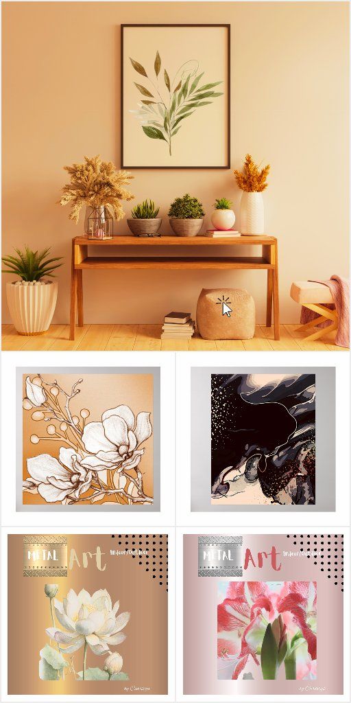 four different pictures with flowers and plants on the top one is an orange wall, two are