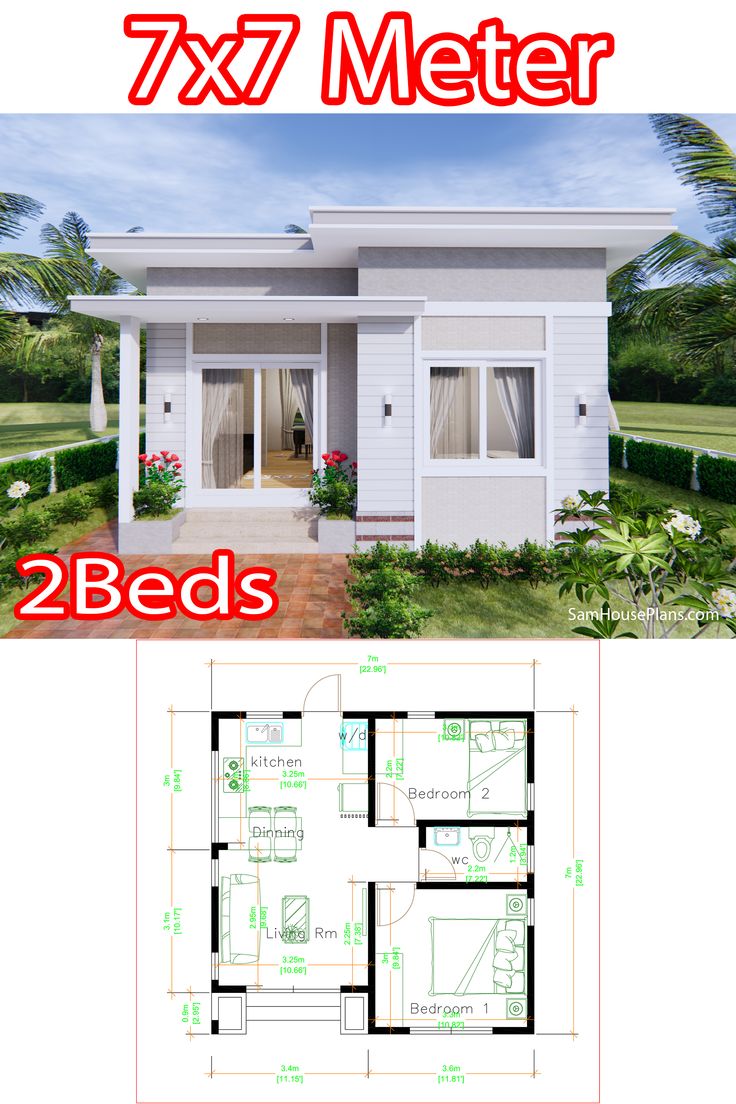 the floor plan for a small house with two beds and an attached bathroom in it