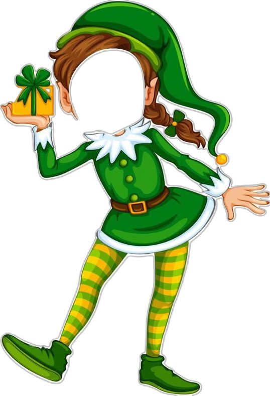 an elf holding a present in her hand and pointing at it with both hands, while wearing