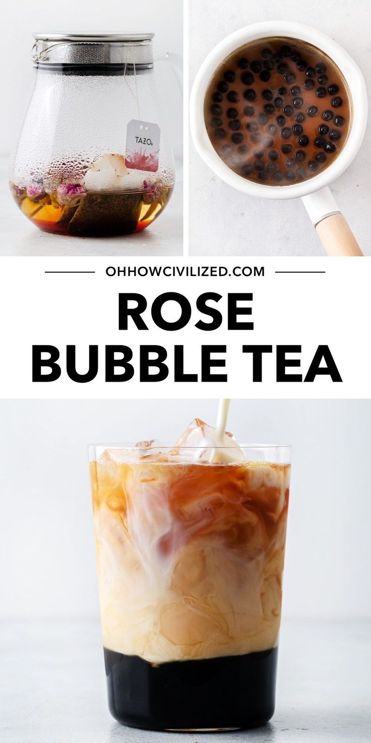 rose bubble tea in a glass cup with ice and coffee beans on the side, next to an iced beverage