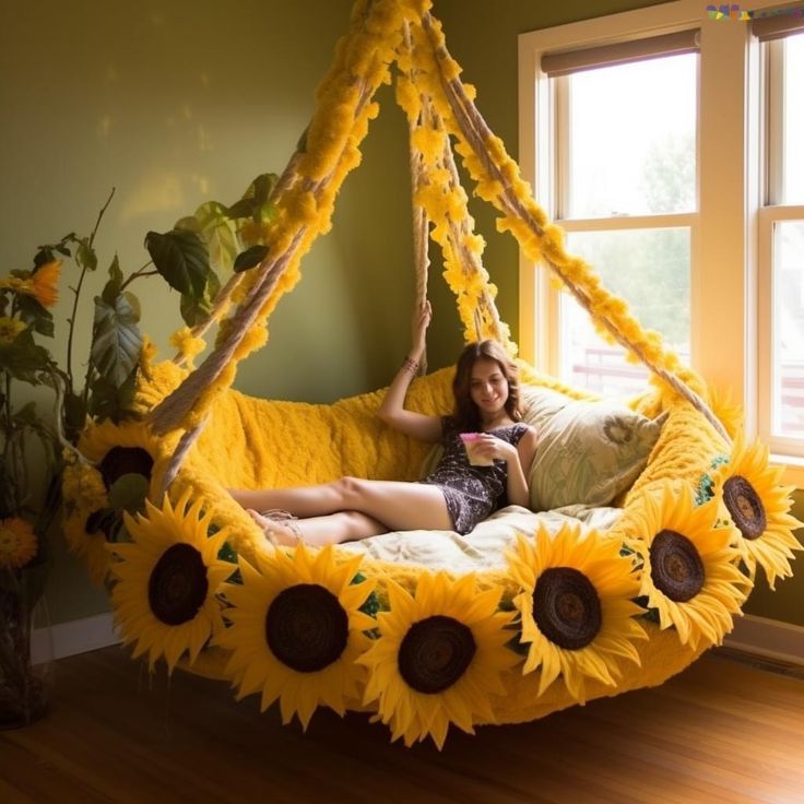 a woman laying in a bed made out of sunflowers