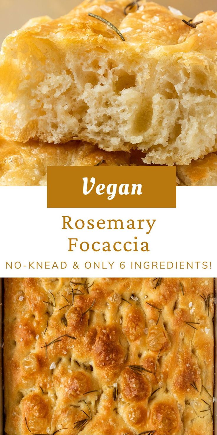 vegan rosemary focaccia with no - kneads and only 6 ingredients