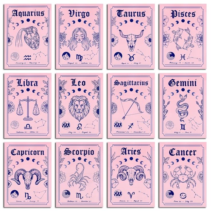 twelve zodiac signs in blue ink on pink paper