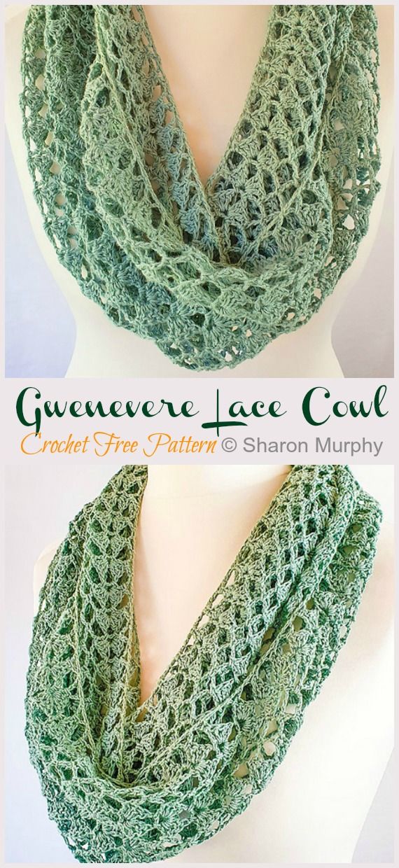 the crocheted scarf is made with green yarn and has a lacy design on it