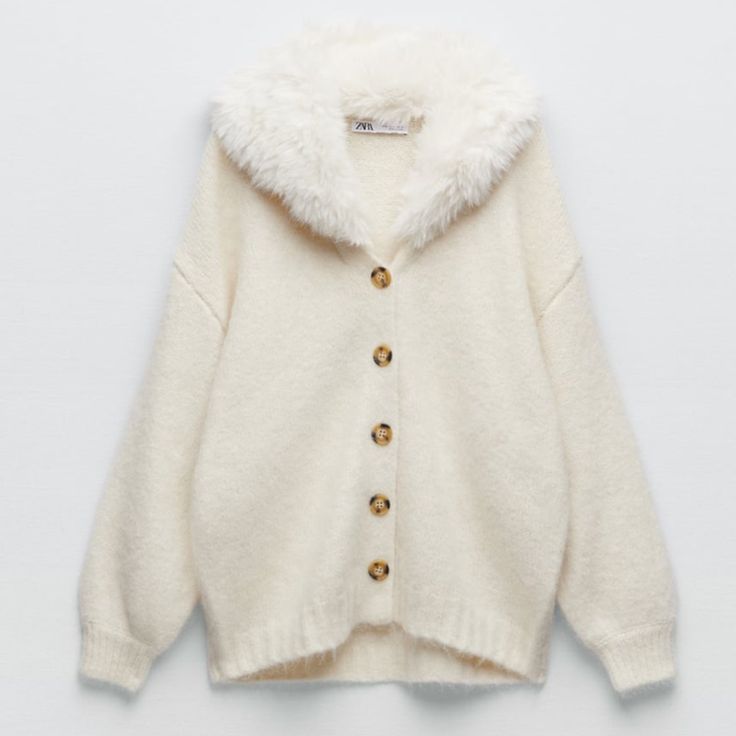 Zara Faux Fur Lapel Cardigan New With Tags // Alpaca/Wool Blend Chic Cream Cardigan For Winter, Chic Cream Winter Cardigan, Zara Winter White Sweater For Winter, Chic Long Sleeve Cardigan With Faux Fur Trim, Zara Winter Cardigan, Chic Zara Sweater For Winter, Zara Cozy Long-sleeved Sweater Coat, Zara Long Sleeve Sweater Coat For Winter, Zara Classic Winter Cardigan