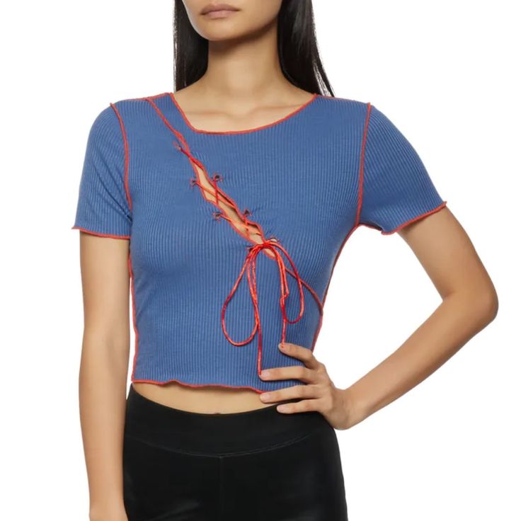 Short Sleeves Crew Neck T-Shirt Cropped Hem Solid Contrast Trim Decorative Stitching Lace Up Ribbed Knit Blue Trendy Tops With Asymmetrical Hem, Trendy Blue Tops With Asymmetrical Hem, Blue Asymmetrical Hem Trendy Tops, Casual Blue Asymmetrical Top, Casual Blue Tops With Asymmetrical Hem, Casual Blue Top With Asymmetrical Hem, Lace Up Top, Decorative Stitching, Denim Color