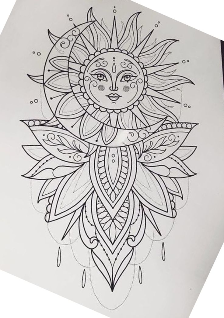 a drawing of a sun with leaves on it