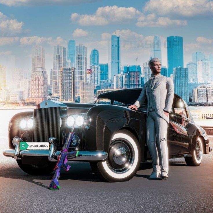 a man standing next to a black car in front of a city