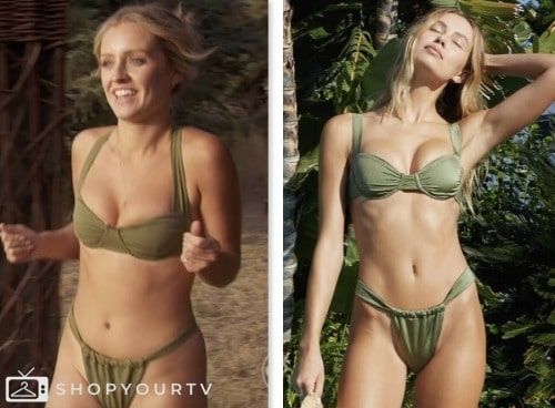 two pictures of a woman in green bikinis