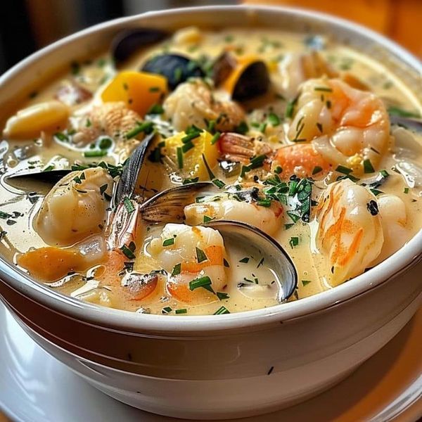 a white bowl filled with seafood soup on top of a table