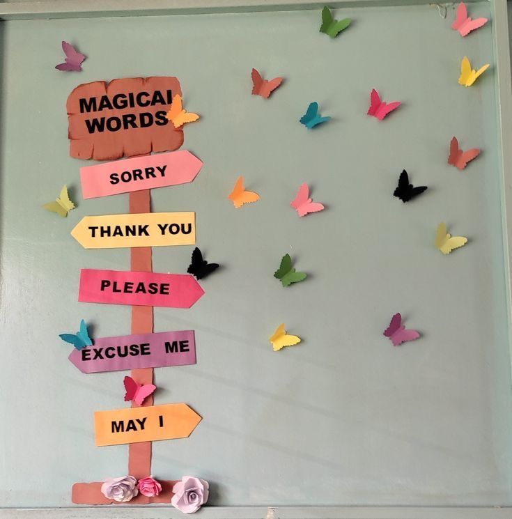 a bulletin board with butterflies on it and words that say,'magic words sorry thank you please me may 1