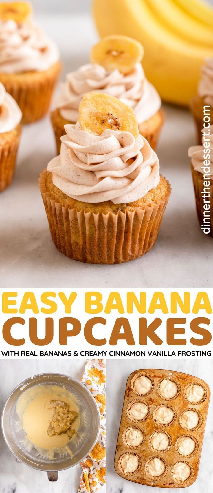 easy banana cupcakes with real bananas and creamy cinnamon vanilla frosting