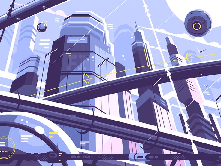 an illustration of a futuristic city with lots of pipes and wires in the foreground