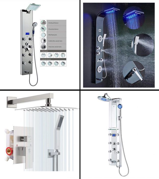 four different types of shower faucets and fixtures