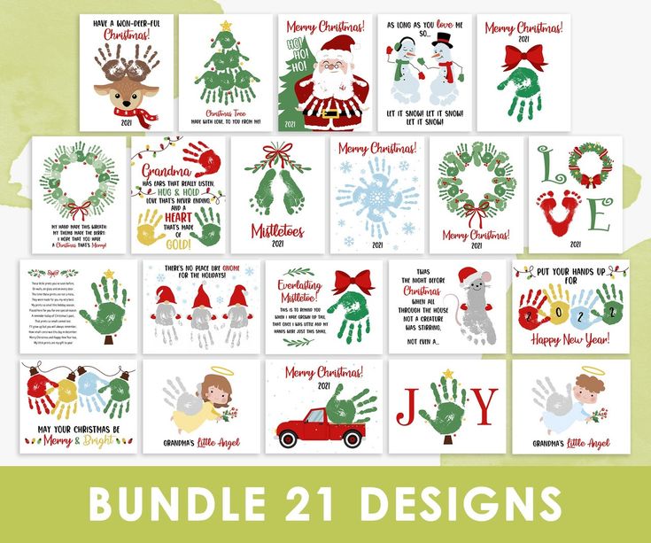 christmas cards with handprints and holiday decorations