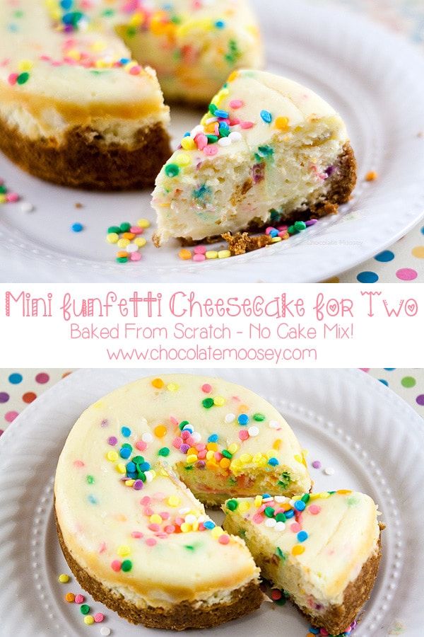 two different images of cheesecakes with sprinkles on them and one is cut in half