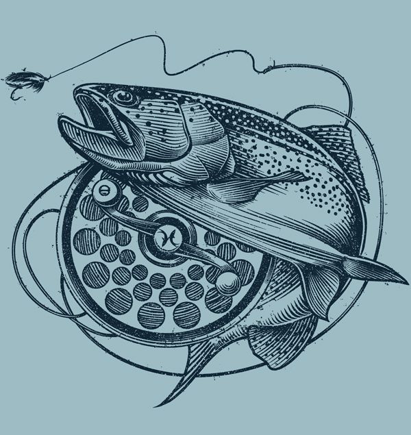 a drawing of a fish on top of a bowl with a fly in it's mouth