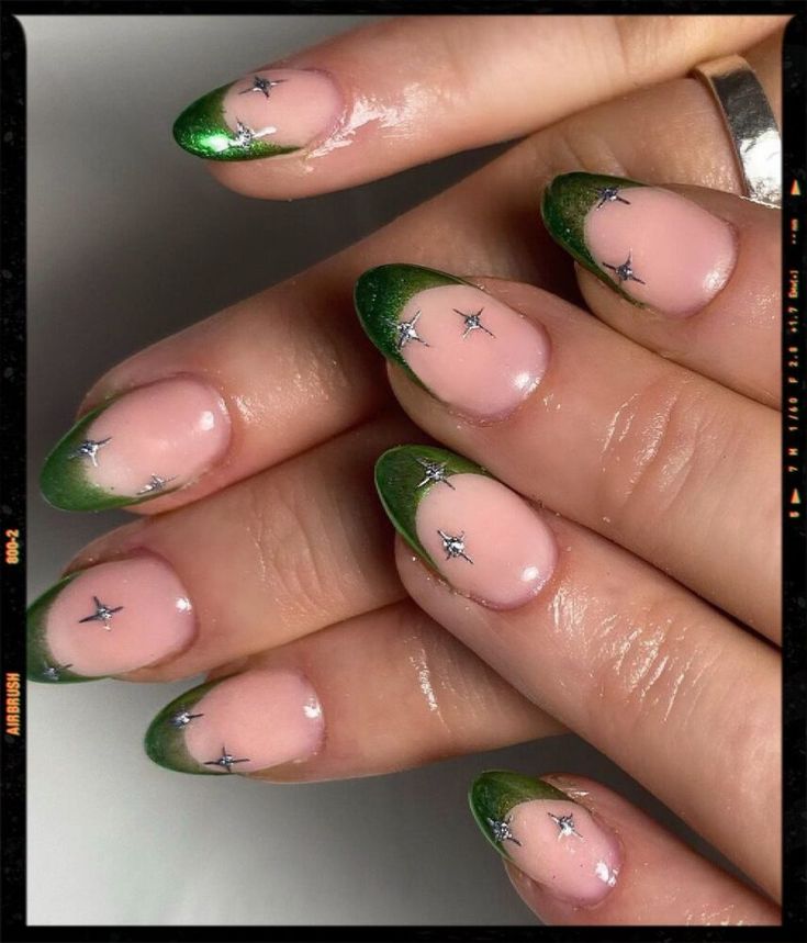 Green Chrome Tips Nails Green Chrome Christmas Nail Designs, Forest Green Nail Ideas Short, Short Almond Nails Designs Green, Green French Tip Nails With Design, Green Prom Nail Ideas, Almond Nails Green Design, Metallic Green French Tip Nails, Green Ethereal Nails, Simple Fairy Nails