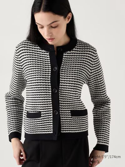 knitted short striped jacket | UNIQLO US Chic Button-up Outerwear With Buttoned Pockets, Single-breasted Structured Outerwear, Elegant Button-up Outerwear For Business Casual, Elegant Tailored Button-up Outerwear, Elegant Fall Blazer With Covered Buttons, Formal Black Outerwear With Buttoned Pockets, Chic Fall Cardigan With Buttons, Elegant Button-up Outerwear With Hidden Button Closure, Elegant Button-up Outerwear With Hidden Closure