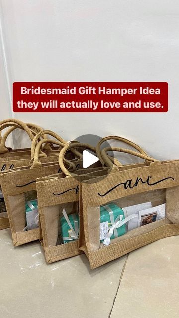 three brown bags sitting next to each other on top of a white wall with the words bridesmaid gift hamper idea they will actually love and use