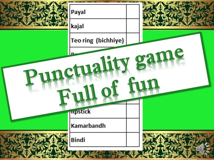 the punctuality game full of fun is shown in green and gold colors