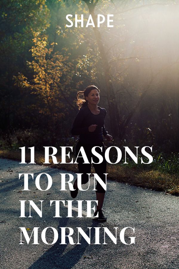 a woman running down a road with the words, 11 reasons to run in the morning