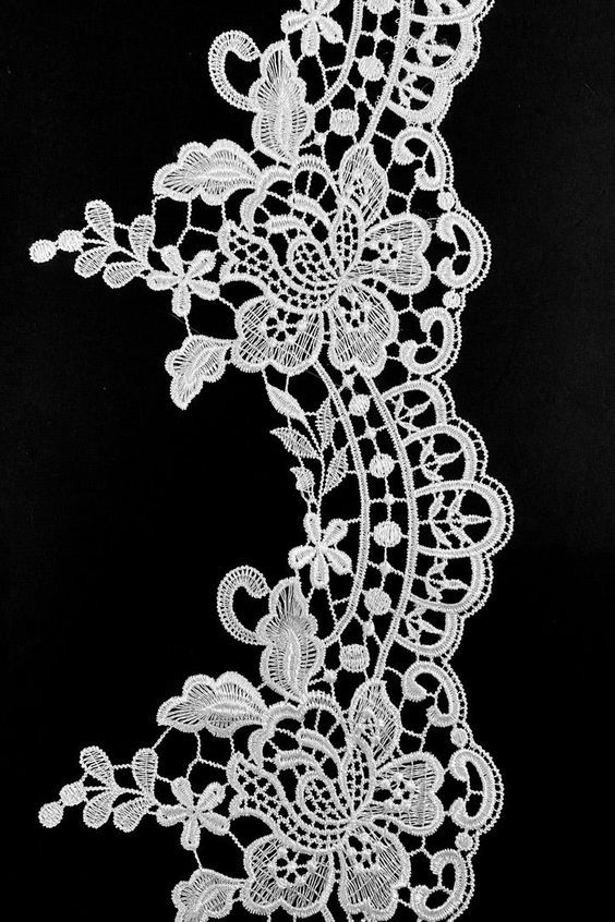 white lace with flowers and leaves on a black background