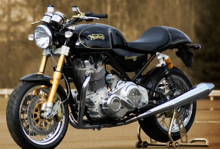 a black and gold motorcycle parked in a parking lot next to some trees with no leaves on them