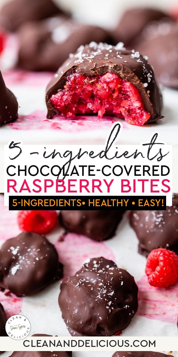 chocolate covered raspberry bites on a plate with text overlay that reads 5 ingredients chocolate covered raspberry bites