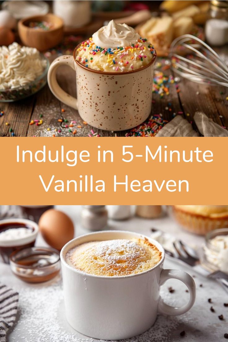 Quick & Delicious: 5-Minute Vanilla Bliss Mug Cake Recipe Coffee Cup Desserts Mug Cakes, Quick Easy Mug Cake, Airfryer Mug Cake, Yellow Mug Cake, Mug Cake Vanilla, Vanilla Cake In A Mug, Mug Cakes Recipes, Vanilla Mug Cake Recipe, Mug Desserts