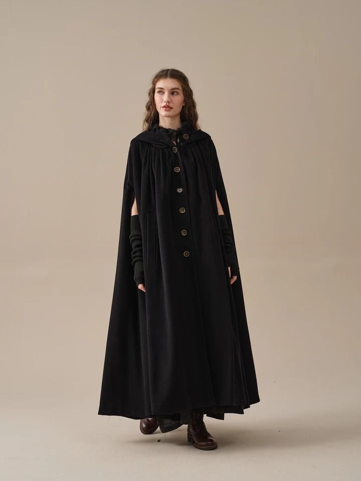 ARIEL 14 | HOODED WOOL CLOAK COAT – Linennaive Wool Cloak, Cloak Coat, Chunky Knits, Black Maxi, Full Circle, Vintage Hairstyles, Soft Wool, Cloak, Free Giveaway