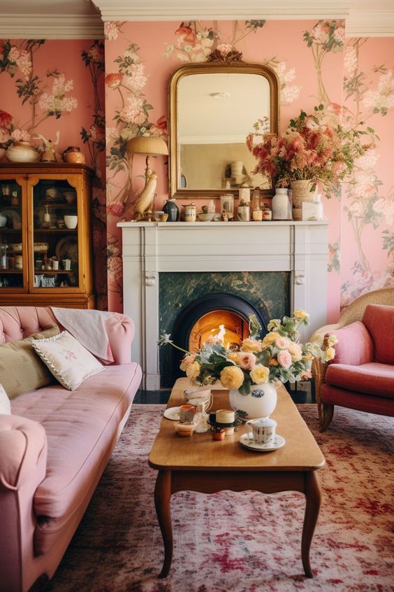 a living room with pink furniture and flowers on the fireplace mantel, in front of a floral wallpaper