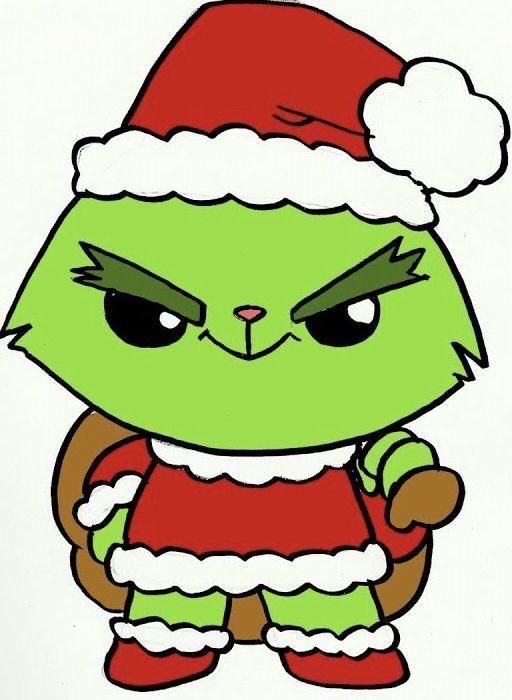 a green cat wearing a santa hat and holding a teddy bear in his arms with eyes wide open