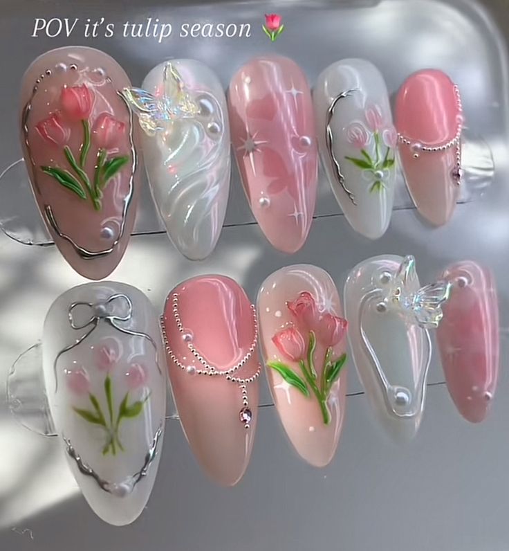 Tulip Nails, Nails Butterfly, Holo Nails, Fake Nails Designs, Asian Nails, Cute Simple Nails, Summery Nails, Girly Acrylic Nails, Blush Nails