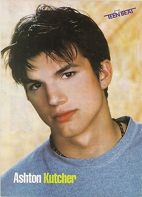 an advertisement for the teen beat magazine featuring ashton kutcher, who is wearing a blue t - shirt