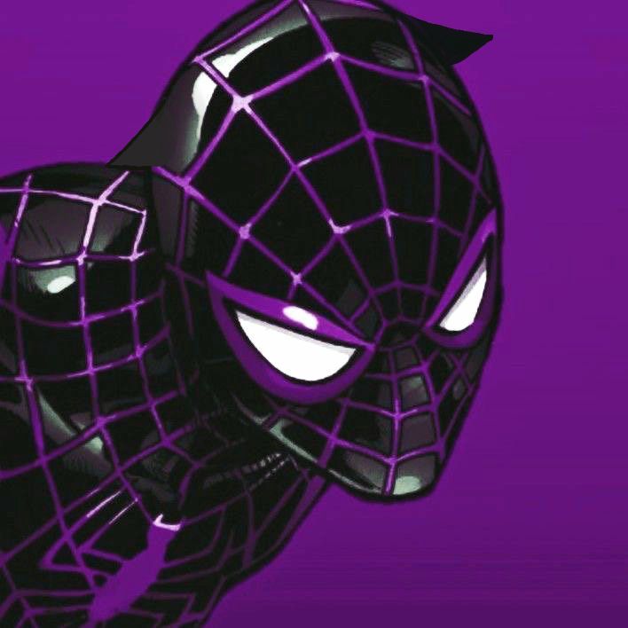 an animated spider man with glowing eyes and black webs on his face, standing in front of a purple background