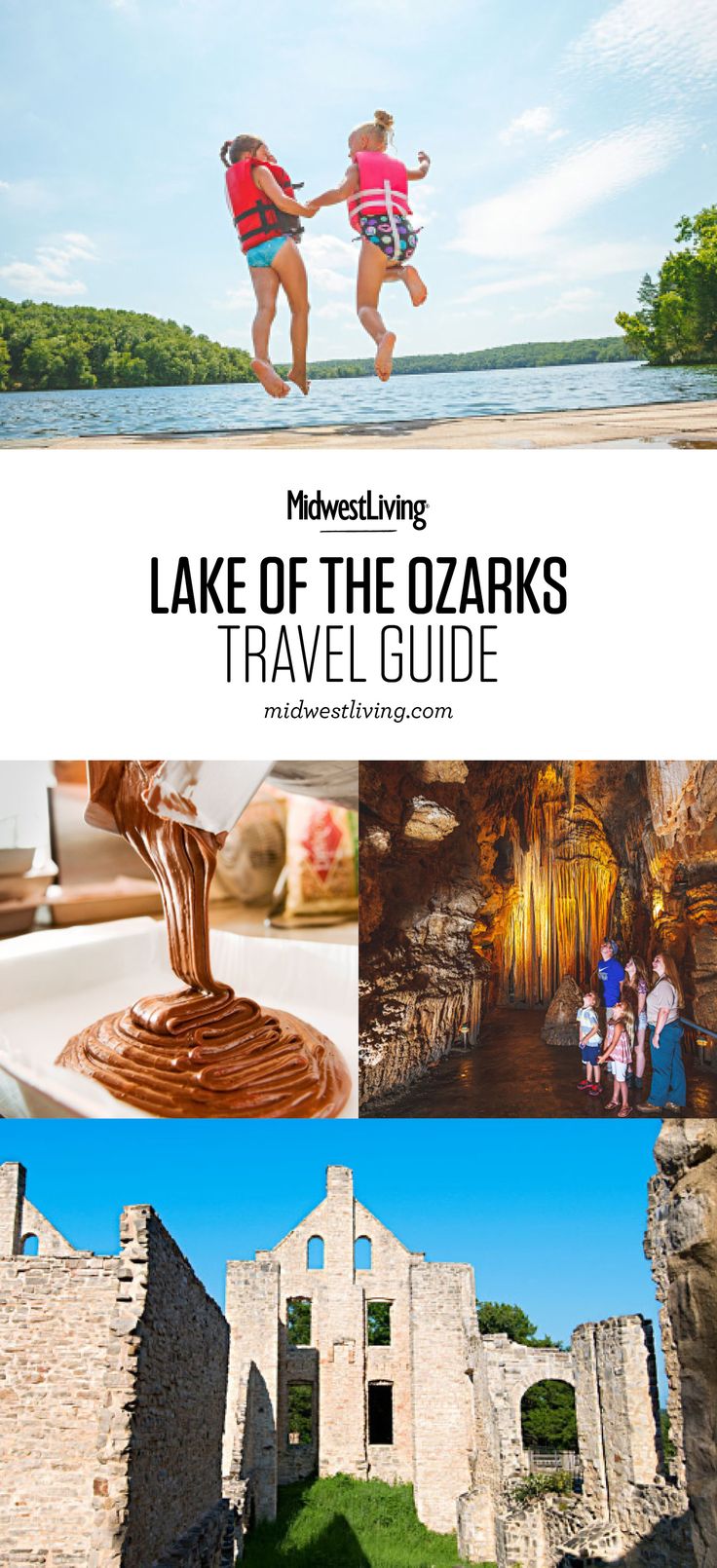 the lake of the ozarks travel guide is shown in three different pictures, including two