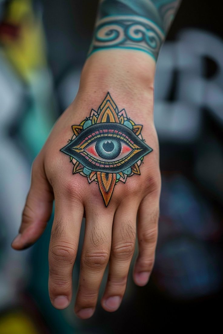 a hand with an all seeing tattoo on it