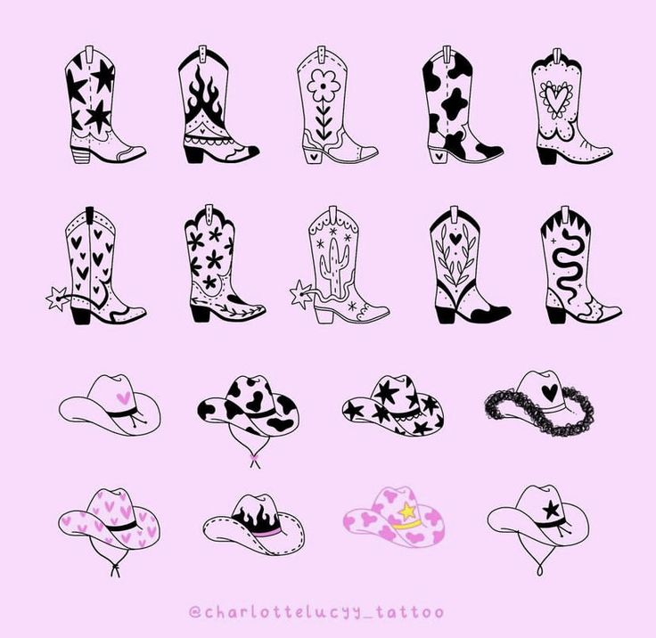 the silhouettes of cowboy boots are shown in black and white on a pink background